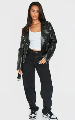 Petite Black Faux Leather Zip Detail Biker Jacket