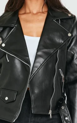 Petite Black Faux Leather Zip Detail Biker Jacket