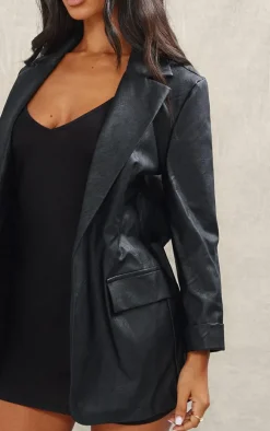 Petite Black Faux Leather Oversized Blazer