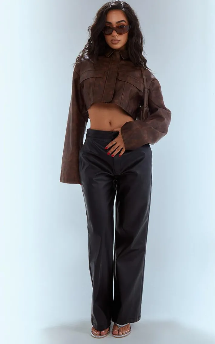 Petite Black Faux Leather Straight Leg Pants