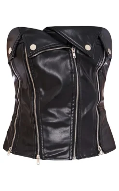 Petite Black Faux Leather Zip Detail Corset Top