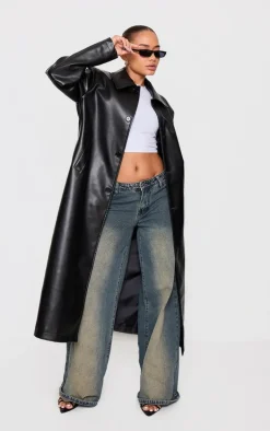 Petite Black Faux Leather Maxi Trench Coat