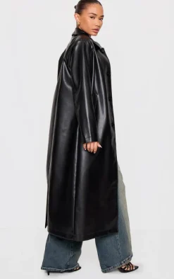 Petite Black Faux Leather Maxi Trench Coat