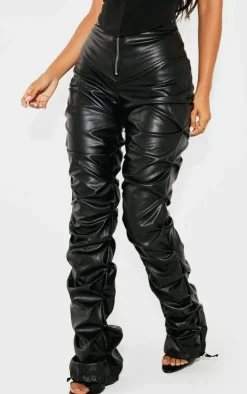 Petite Black Faux Leather Zip Front Ruched Detail Skinny Pants