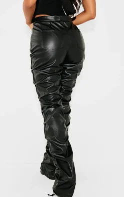 Petite Black Faux Leather Zip Front Ruched Detail Skinny Pants