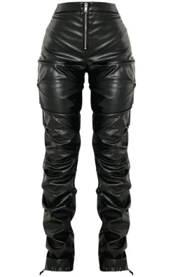 Petite Black Faux Leather Zip Front Ruched Detail Skinny Pants
