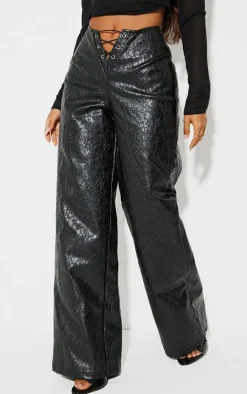Petite Black Faux Leather Cracked Effect Lace Up Wide Leg Pants