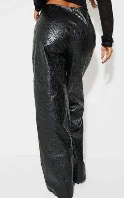 Petite Black Faux Leather Cracked Effect Lace Up Wide Leg Pants