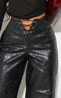 Petite Black Faux Leather Cracked Effect Lace Up Wide Leg Pants