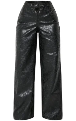 Petite Black Faux Leather Cracked Effect Lace Up Wide Leg Pants