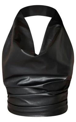 Petite Black Faux Leather Halterneck Long Sleeveless Top