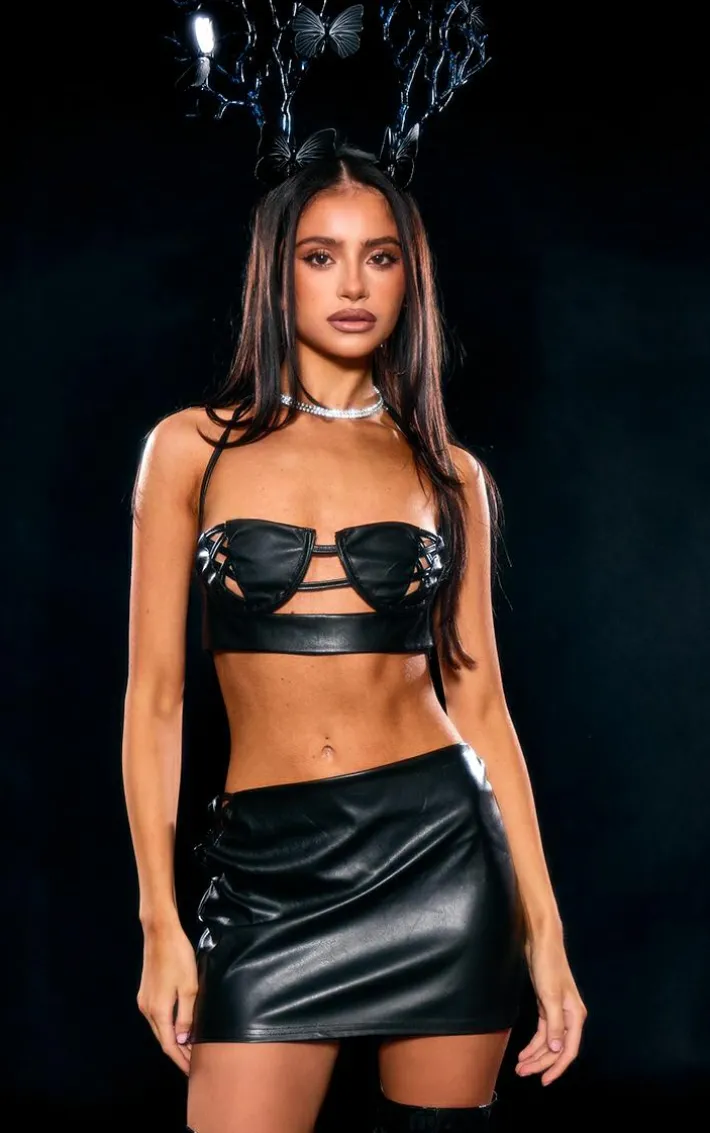 Petite Black Faux Leather Lace Up Top