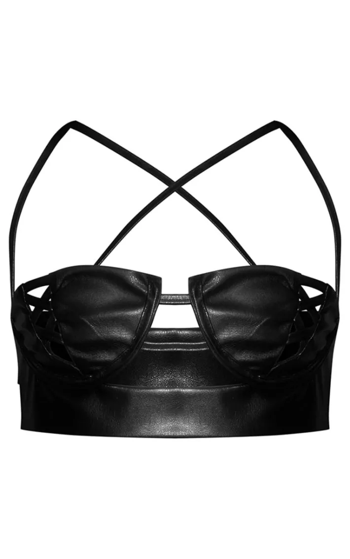 Petite Black Faux Leather Lace Up Top