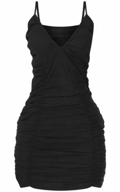 Petite Black Faux Linen Look Ruched Strappy Mini Dress