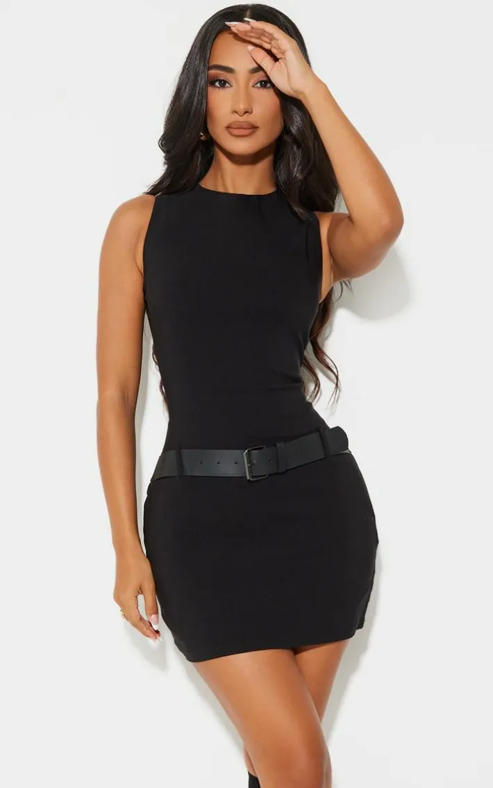 Petite Black Fitted Bengaline Belt Detail Mini Dress