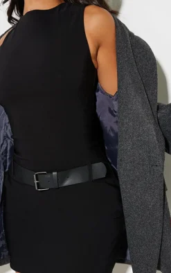 Petite Black Fitted Bengaline Belt Detail Mini Dress