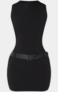 Petite Black Fitted Bengaline Belt Detail Mini Dress