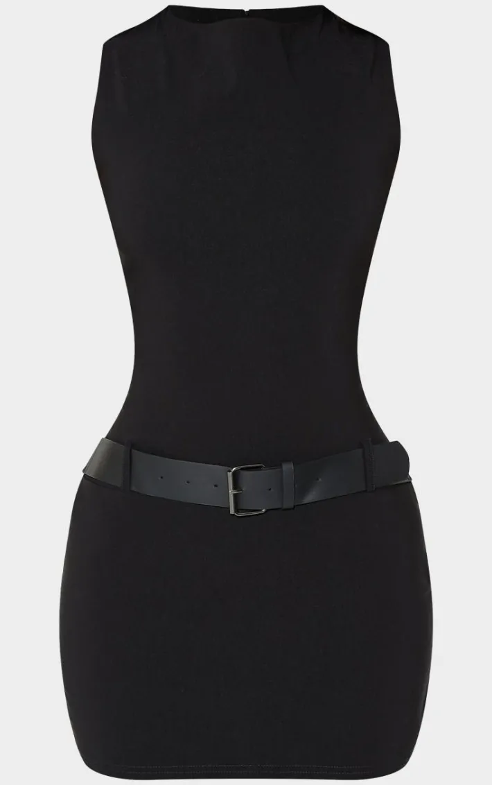 Petite Black Fitted Bengaline Belt Detail Mini Dress