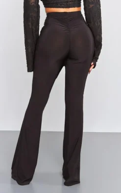 Petite Black Flare Ruched Bum Slinky Pants