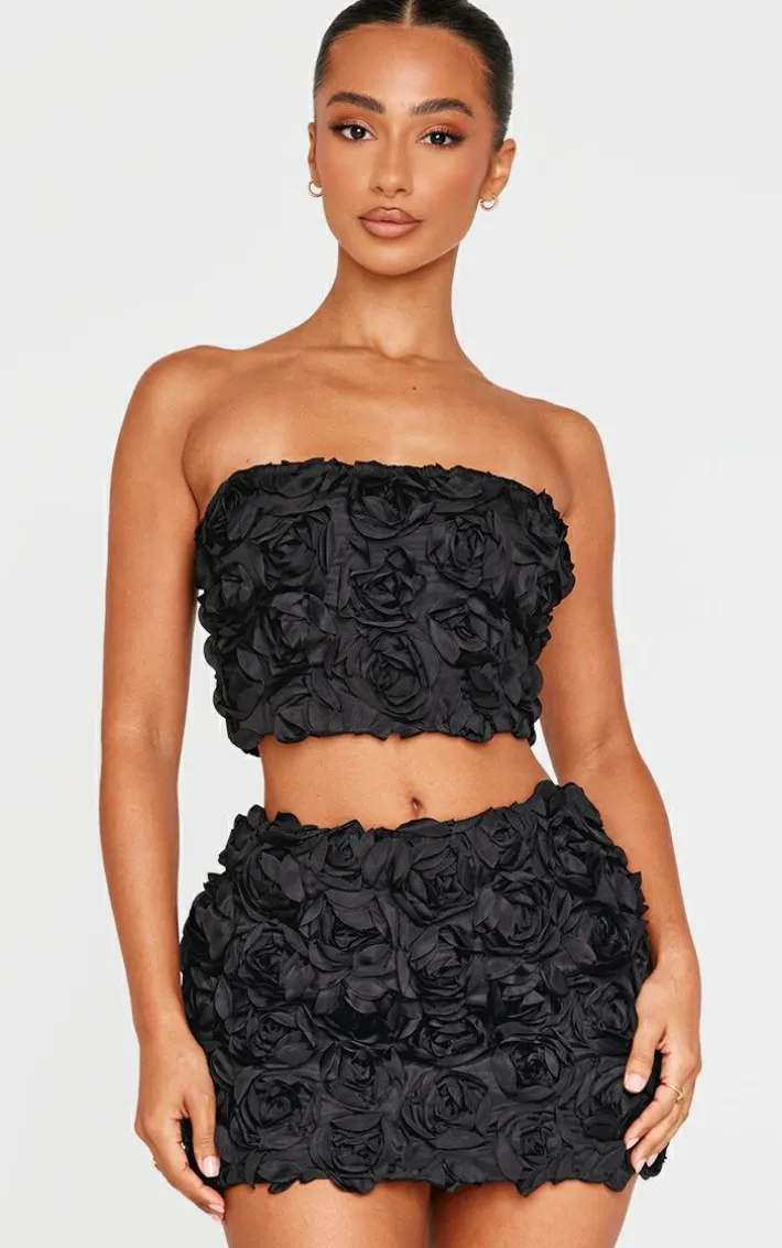 Petite Black Flower Detail Bandeau Top
