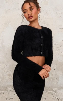 Petite Black Fluffy Knit Cropped Cardigan
