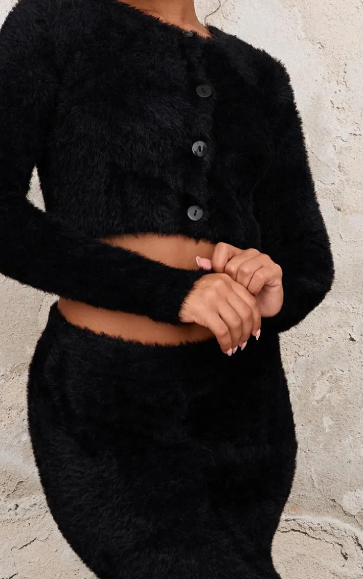 Petite Black Fluffy Knit Cropped Cardigan