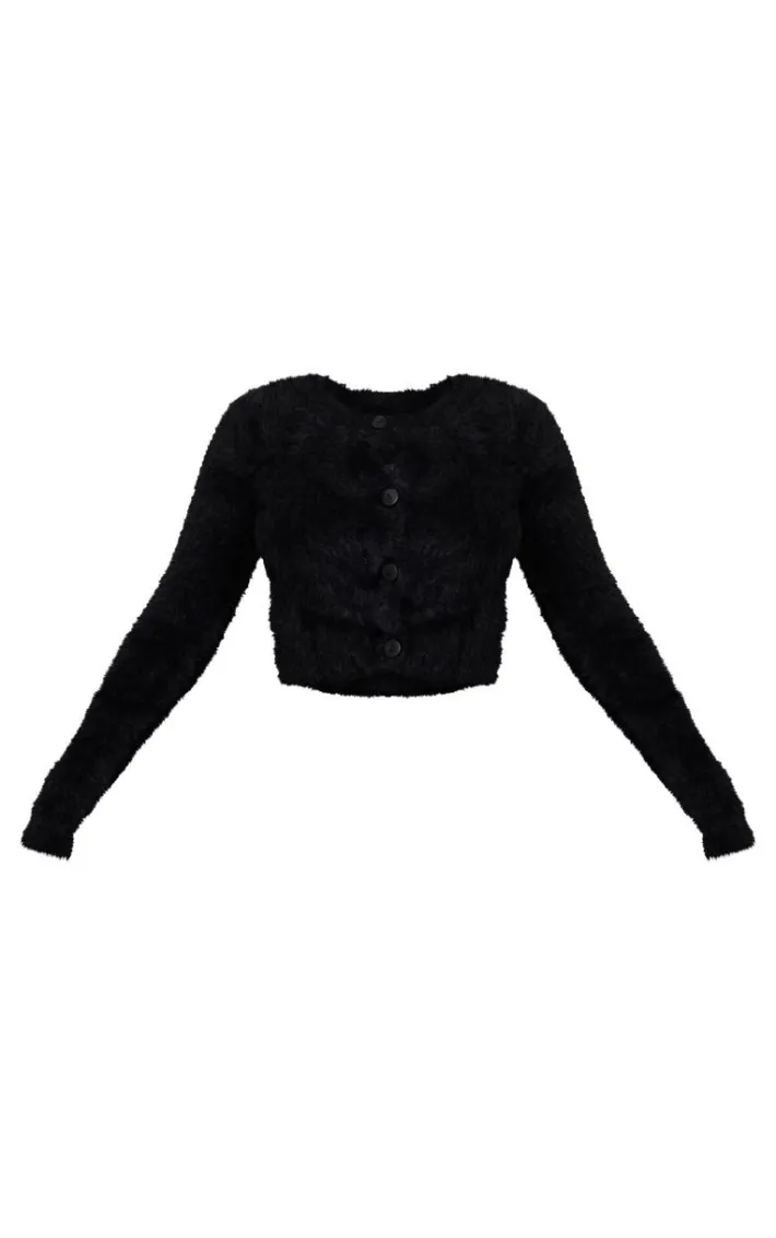 Petite Black Fluffy Knit Cropped Cardigan