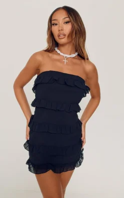 Petite Black Frilled Bandeau Mini Dress