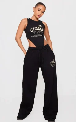 Petite Black Graphic Detail Wide Leg Sweatpants