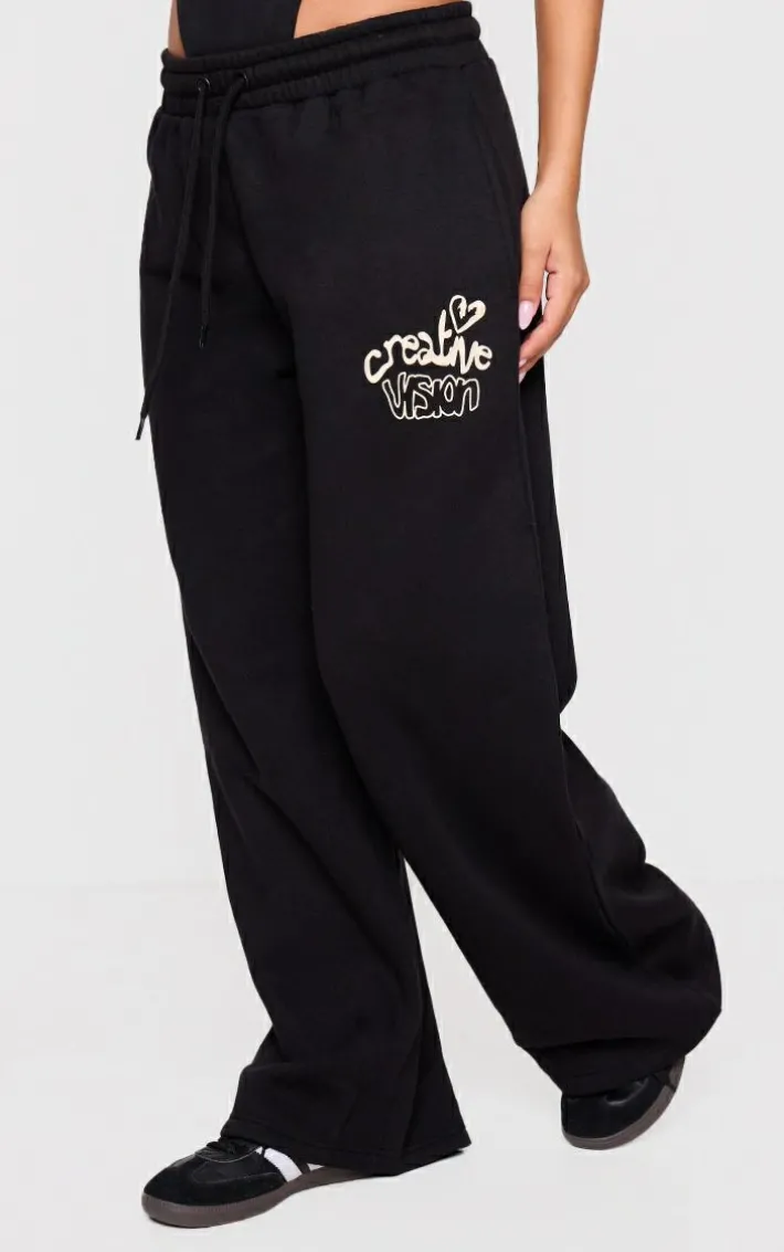 Petite Black Graphic Detail Wide Leg Sweatpants