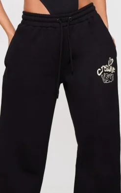Petite Black Graphic Detail Wide Leg Sweatpants