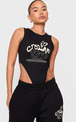 Petite Black Graphic Detail High Cut Bodysuit