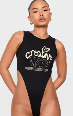 Petite Black Graphic Detail High Cut Bodysuit
