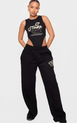 Petite Black Graphic Detail High Cut Bodysuit