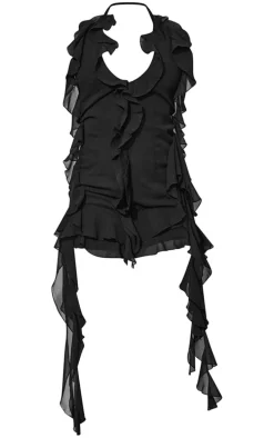 Petite Black Halter Neck Frilled Mini Dress