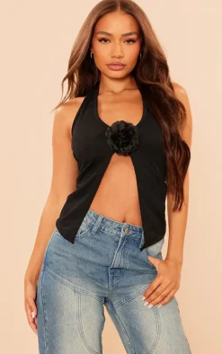 Petite Black Halterneck Open Crop Top With Rose Detail