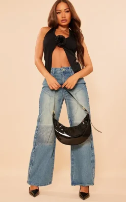 Petite Black Halterneck Open Crop Top With Rose Detail