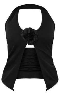 Petite Black Halterneck Open Crop Top With Rose Detail
