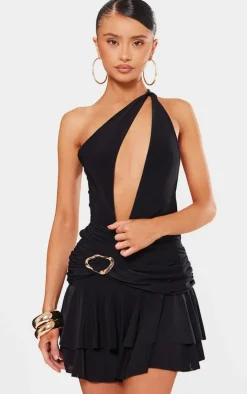 Petite Black Halterneck Trim Detail Shift Mini Dress