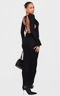 Petite Black Heavy Brushed Rib Tie Back Maxi Dress