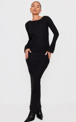 Petite Black Heavy Brushed Rib Tie Back Maxi Dress