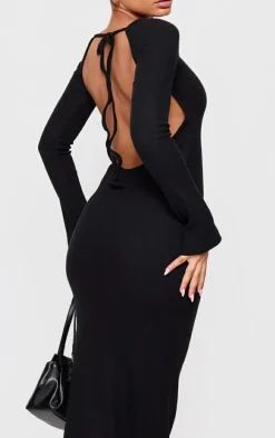 Petite Black Heavy Brushed Rib Tie Back Maxi Dress