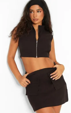 Petite Black High Neck Linen Look Top