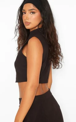 Petite Black High Neck Linen Look Top