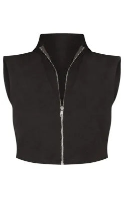 Petite Black High Neck Linen Look Top