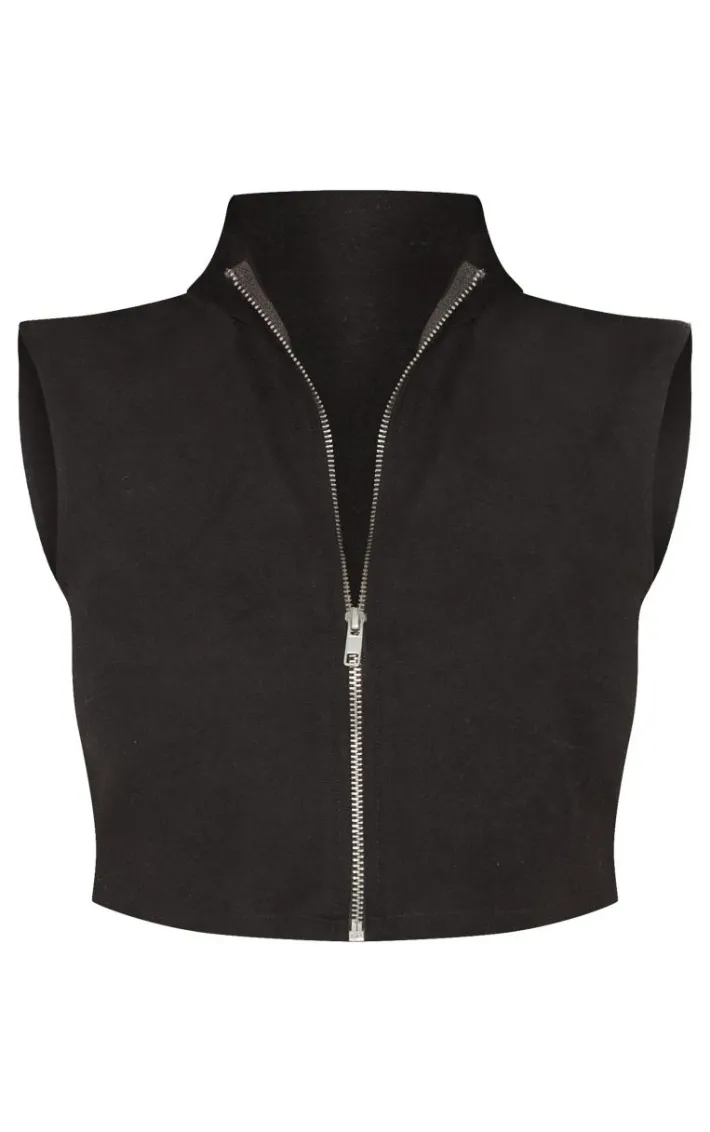 Petite Black High Neck Linen Look Top