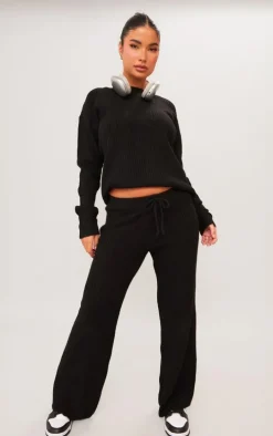 Petite Black Knit Wide Leg Pants