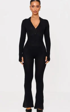 Petite Black Knitted Flared Zip Up Jumpsuit