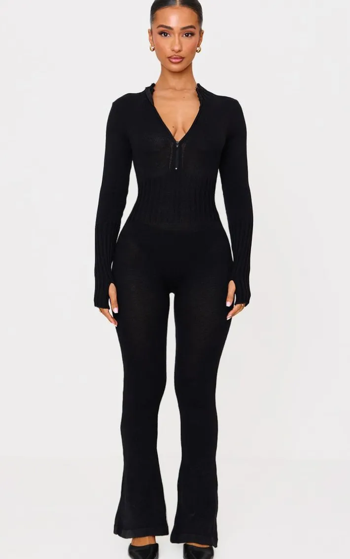 Petite Black Knitted Flared Zip Up Jumpsuit