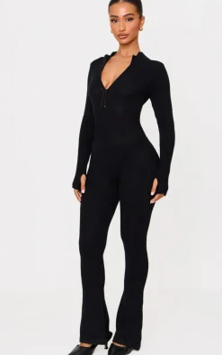 Petite Black Knitted Flared Zip Up Jumpsuit